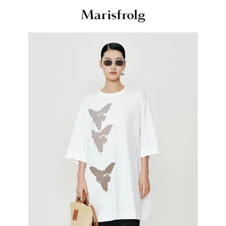 【蝴蝶印花】玛丝菲尔2023年夏季新款白色棉质宽松落肩短袖T恤女图片