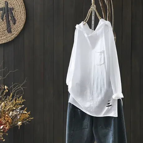 纯棉连帽破洞长袖白t恤女中长款2024秋宽松大板开叉休闲打底上衣商品大图