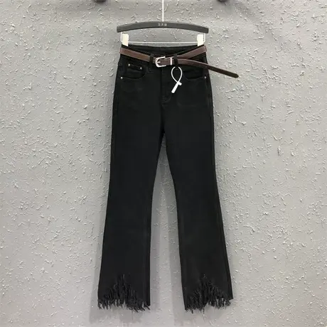 欧货微喇裤女24春夏新款黑色贴布喇叭裤气质高腰显瘦百搭牛仔长裤图片