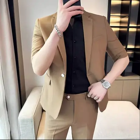 休闲中袖小西装男垂感外套夏季薄款短袖西服英伦修身九分裤两件套图片