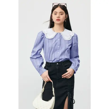 【昕怡粉丝专享】太平鸟娃娃领蕾丝边女士品质系列内搭衬衫打底图片