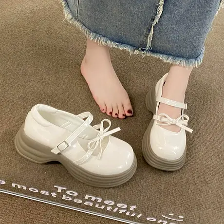 配裙子粗跟单鞋女2024年夏季新款洋气蝴蝶结法式复古玛丽珍小皮鞋商品大图