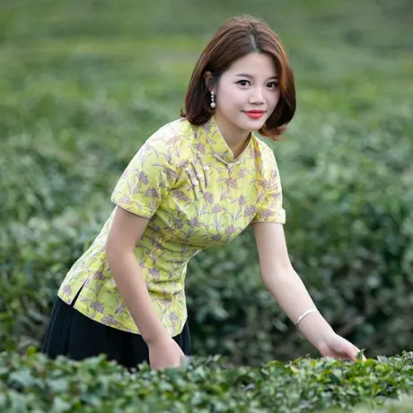 筠雅旗袍式上衣棉麻女装复古原创改良版女时尚黄色盘扣中式女装商品大图
