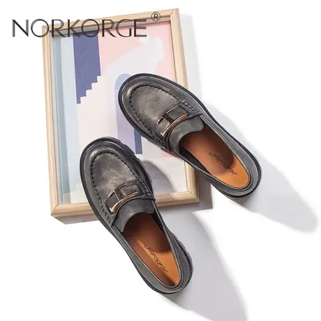 2023新款春秋复古黑金色乐福鞋女鞋真皮圆头粗跟厚底配裙子乐福鞋商品大图