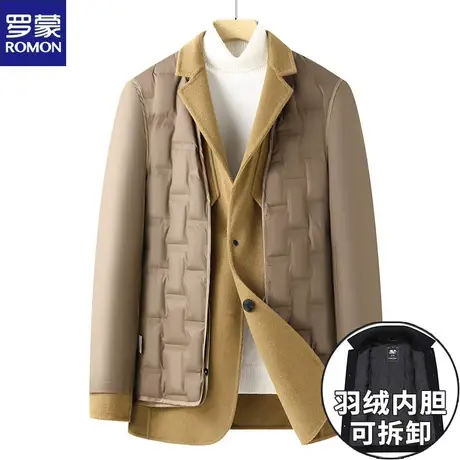 罗蒙加厚双面羊毛呢大衣男士短款中青年呢子外套休闲羽绒内胆上衣图片