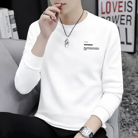 重磅纯棉长袖t恤男保暖加绒加厚内搭打底衫摇粒绒全棉白色秋衣服商品大图