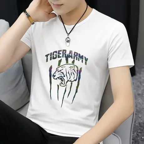 莫代尔白色t恤男士短袖2023新款虎头印花夏季男装冰丝半袖上衣服商品大图