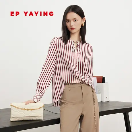 EP雅莹女装 系带领斜纹弹力条纹 真丝印花衬衫 2023秋冬新款2207A图片