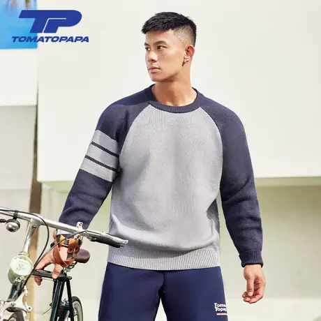 TOMATOPAPA插肩袖毛衣经典撞色宽松针织保暖长袖打底套头运动上衣商品大图