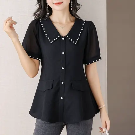 伊自尚2023年新款女装大码胖mm夏季气质小香风珍珠雪纺衫短袖上衣图片