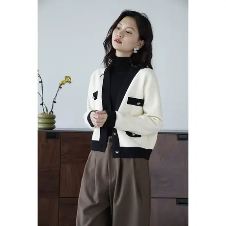 嘉茱莉2023早秋新款小香风针织外套女韩版V领拼色针织上衣短外套商品大图