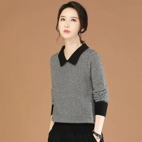 韩潮袭人法式娃娃领格子长袖套头毛衣女2023秋季新款外穿针织衫图片