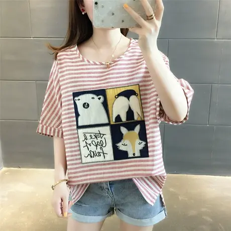 条纹短袖T恤女2023新款超火cec夏季女装ins潮宽松韩版棉麻上衣服图片