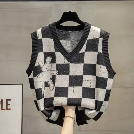 v领棋盘格针织马甲背心女2023春秋新款马夹外穿上衣外搭毛衣坎肩图片