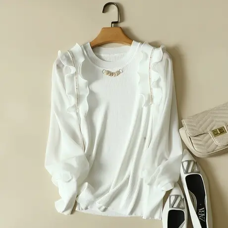 秋装女2023年新款雪纺袖冰丝针织衫女长袖百搭上衣洋气蕾丝打底衫图片