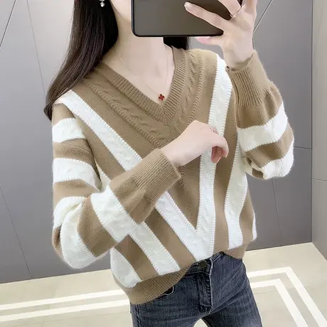 秋季2023年新款宽松大码V领外穿毛衣套头打底衫女爆款内搭针织衫商品大图