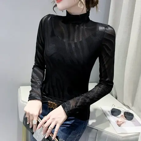 性感黑色网纱T恤女长袖洋气加绒半高领打底衫女春秋内搭修身上衣商品大图