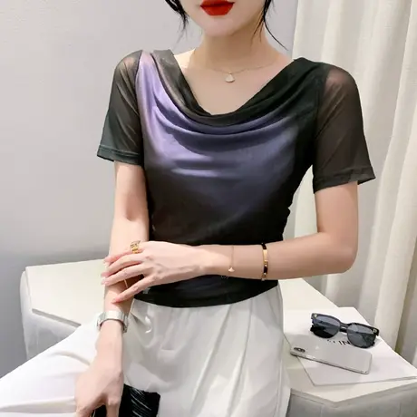 气质荡领上衣女短袖夏装2023新款性感一字肩T恤印花修身网纱小衫商品大图