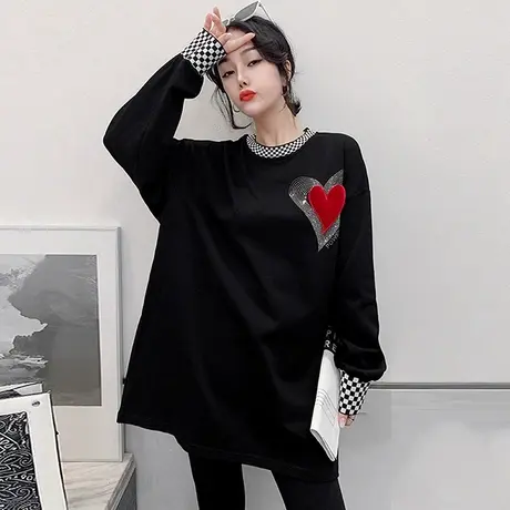 宽松大版卫衣女秋冬磨毛加厚中长款打底衫长袖设计感撞色外套韩版商品大图