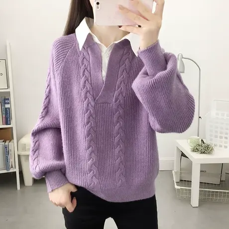 秋冬季2023新款衬衫领假两件加厚毛衣灯笼袖女士洋气时尚外穿上衣商品大图