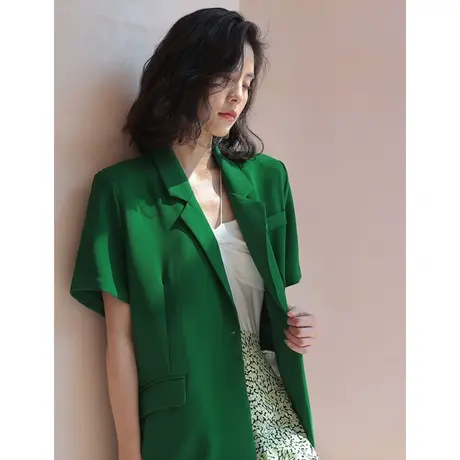 弥古夏季绿色西装外套高级感短袖薄款西服小众设计感休闲上衣女士图片
