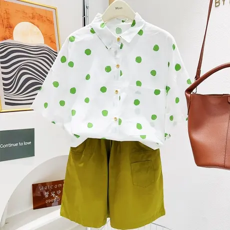 日系清新波点单排扣衬衫2023夏季新款polo领港风文艺短袖衬衣宽松商品大图