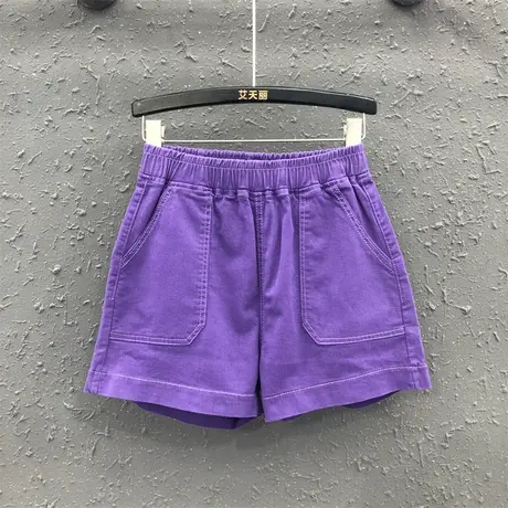 夏季新款洋气大方百搭休闲牛仔短裤女松紧腰帅气直插口袋阔腿热裤商品大图