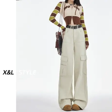 米白牛仔裤女秋直筒宽松2023年新款高腰显瘦休闲工装窄版阔腿裤子图片