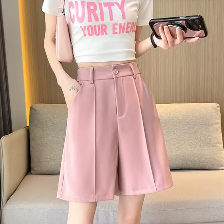 粉色西装短裤女夏季新款高腰a字直筒宽松显瘦遮肉休闲阔腿五分裤图片