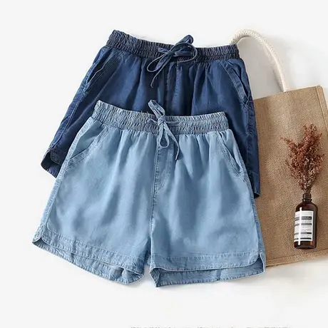 2020夏季新款薄款宽松韩版阔腿热裤女系带休闲天丝竹节棉牛仔短裤图片