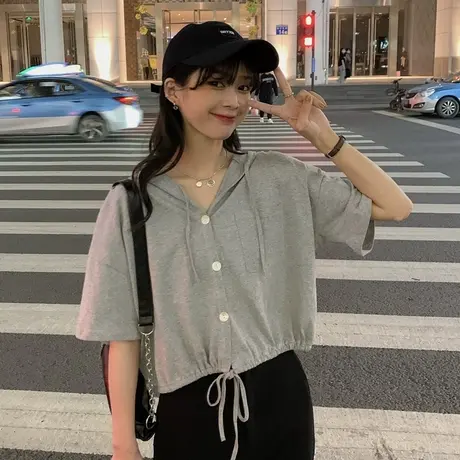 大码女装抽绳上衣女连帽设计感小众胖妹妹mm夏季短款宽松短袖t恤商品大图