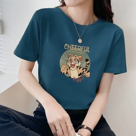 韩国时尚卡通印花短袖T恤女夏宽松ins潮2022新款纯棉半袖正肩上衣商品大图