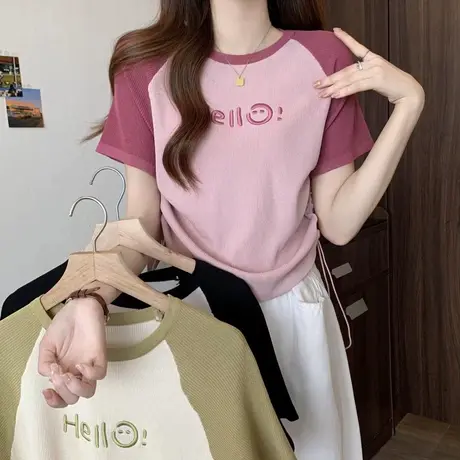 美式插肩t恤女夏短款抽绳上衣微胖穿搭ins高腰复古chic不规则短袖商品大图