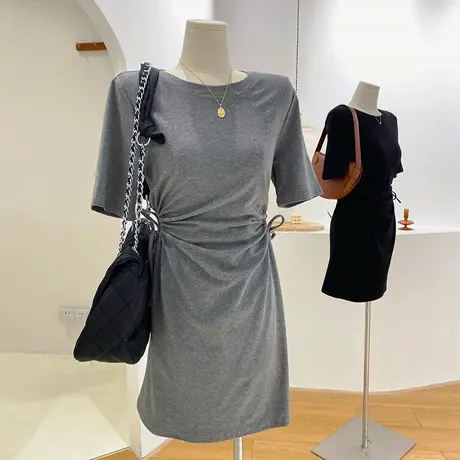 连衣裙短袖t恤女2021夏季新款韩版设计感小众收腰抽绳小心机上衣商品大图