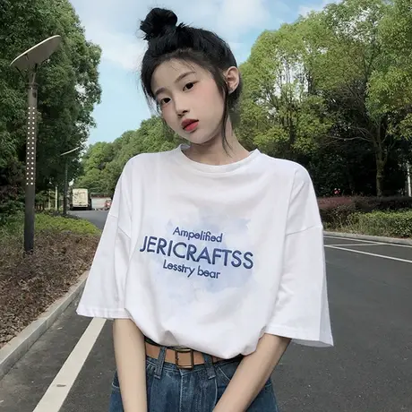 短袖T恤少女夏装2023年新款初中高中学生韩版宽松印花半袖上衣服商品大图