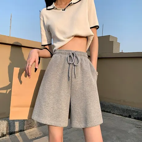 抽绳灰色运动短裤女夏薄款宽松显瘦中裤高腰直筒休闲阔腿五分裤子商品大图