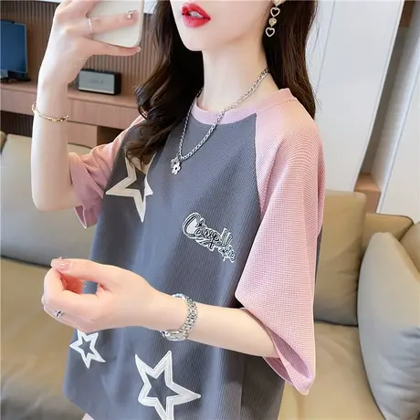 短袖t恤女夏季韩版宽松大码女装中长款小个子撞色百搭学生上衣服图片