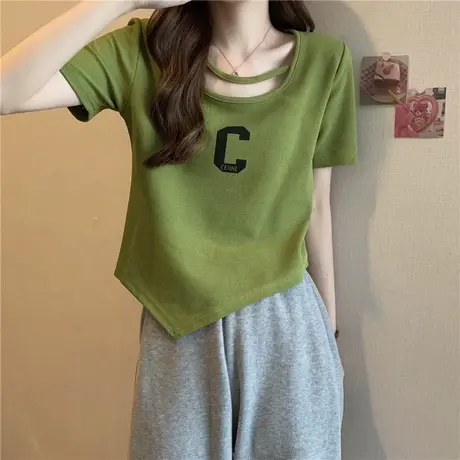 不规则短袖T恤女夏季修身显瘦2023新款小个子短款半袖打底衫上衣商品大图