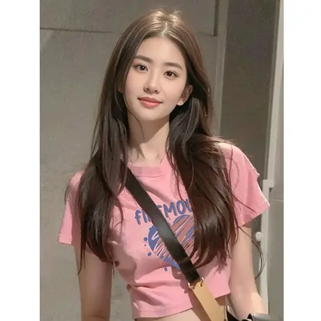 正肩短袖t恤女ins潮夏季设计感小众修身显瘦辣妹风短款露脐上衣潮商品大图