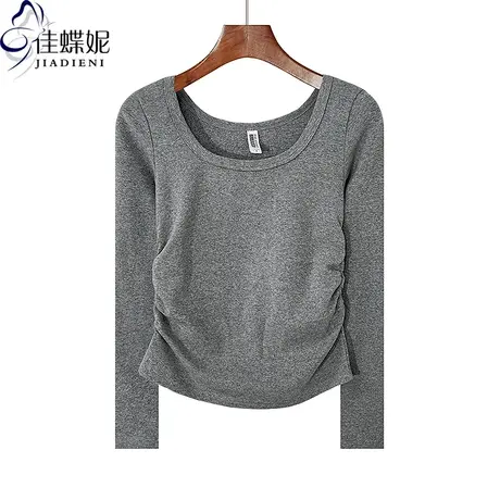 秋冬新款U领纯欲性感褶皱纯棉纯色修身显瘦长袖体恤上衣女打底衫商品大图