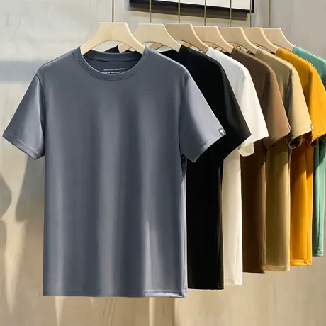 基础款男士打底衫短袖t恤潮牌丝光棉2023春夏季男装上衣半袖体恤商品大图