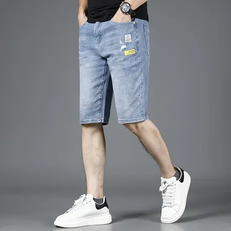 蓝色破洞牛仔短裤男夏季新款潮流五分裤修身百搭男士薄款休闲中裤商品大图