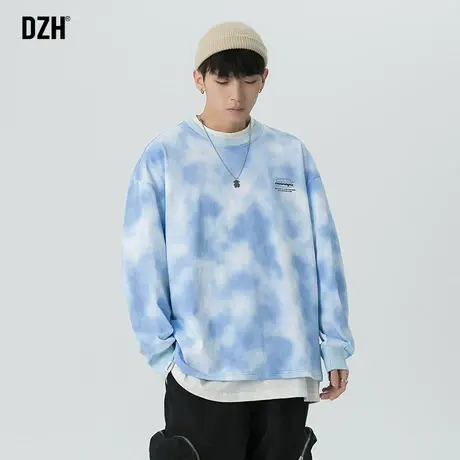 男士蓝色纯棉卫衣男潮ins大码圆领2023年新款秋季宽松长袖t恤上衣商品大图