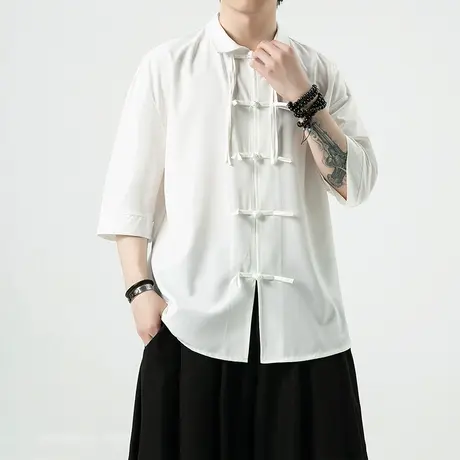 2023夏季新款男中袖衬衫新国风改良冰丝纯色男装衣服宽松复古盘扣商品大图