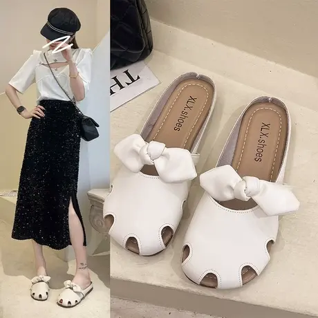 透气单鞋女夏季2023新款一脚蹬懒人鞋子真皮软底孕妇鞋休闲凉拖鞋商品大图