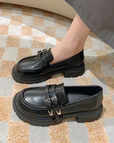 英伦风小皮鞋女厚底2023春秋新款法式一脚蹬乐福鞋小众设计感单鞋商品大图