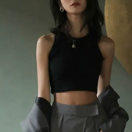 网红短款黑色打底吊带小背心女夏季内搭无袖设计感小众外穿上衣潮商品大图