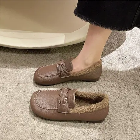羊羔毛加绒小皮鞋女2024新款秋冬保暖软底豆豆鞋防水雪地毛毛棉鞋图片