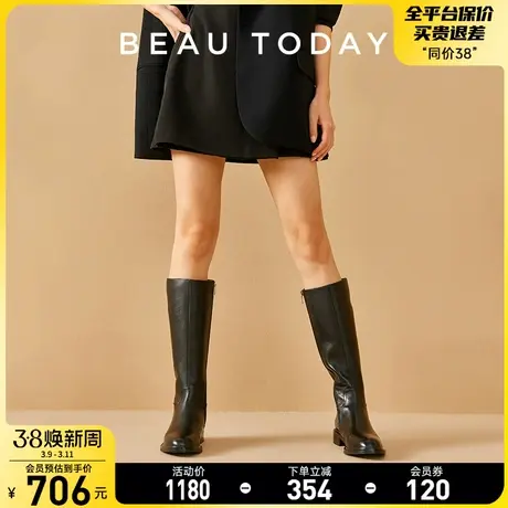 BeauToday长筒靴女2024新款春季BT英伦风骑士靴烟筒靴复古长靴女图片