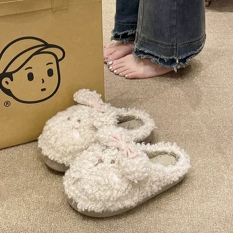 可爱棉拖鞋女冬季外穿卡通兔子毛绒保暖居家室内厚底防滑月子拖鞋图片